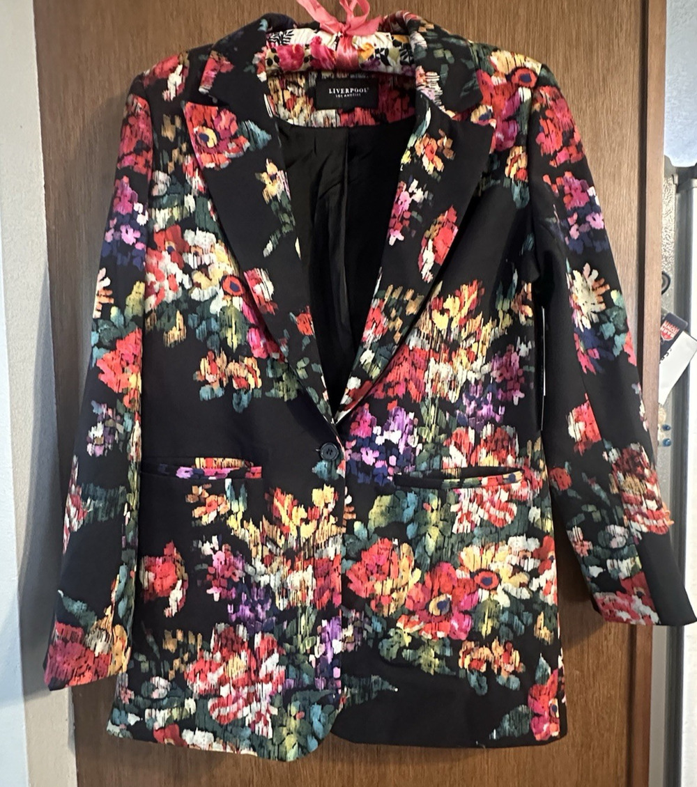 LIVERPOOL Lined Boyfriend Fit Jacket Blazer Floral Shoulder Pads Small Work